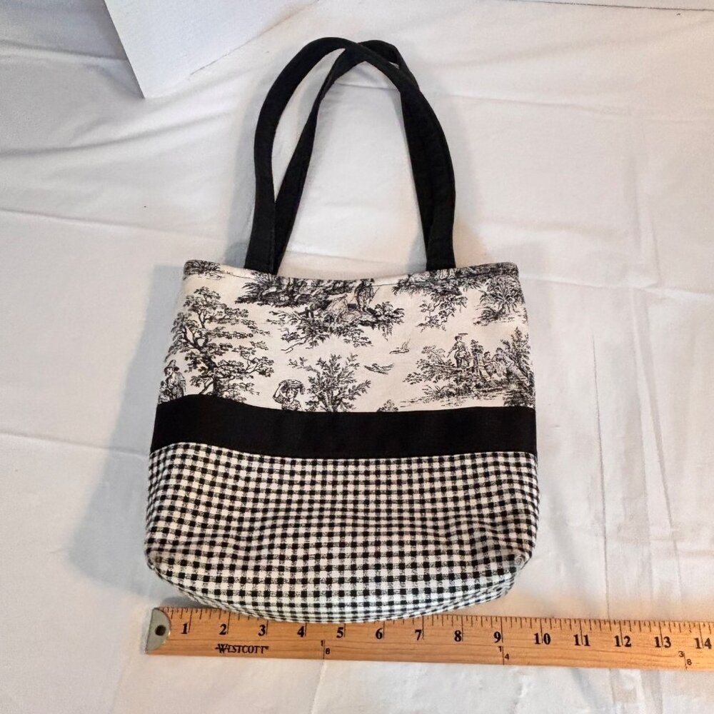 B’s Black & White Toile Print Tote Bag Gingham Design & Black Accent Dual Straps - Picture 5 of 7